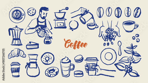 Hand drawn vintage coffee set. Cafe menu and packaging design. Whimsical sketch vector illustration.