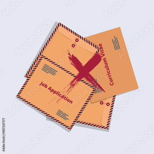 A clean and modern vector illustration featuring several brown job application and curriculum vitae envelopes arranged in a layered layout. Job application rejected concept