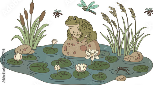 Cartoon Frog Sitting on Rock in Pond with Water Lilies and Dragonflies | Hand-drawn Illustration for Children's Books, Educational Material, and Nature-Themed Designs