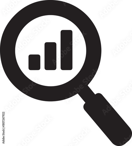 Magnifying glass icon analyzing a bar chart showing growth, representing data analysis, market research, and business intelligence. isolated on white background, Vector, illustration