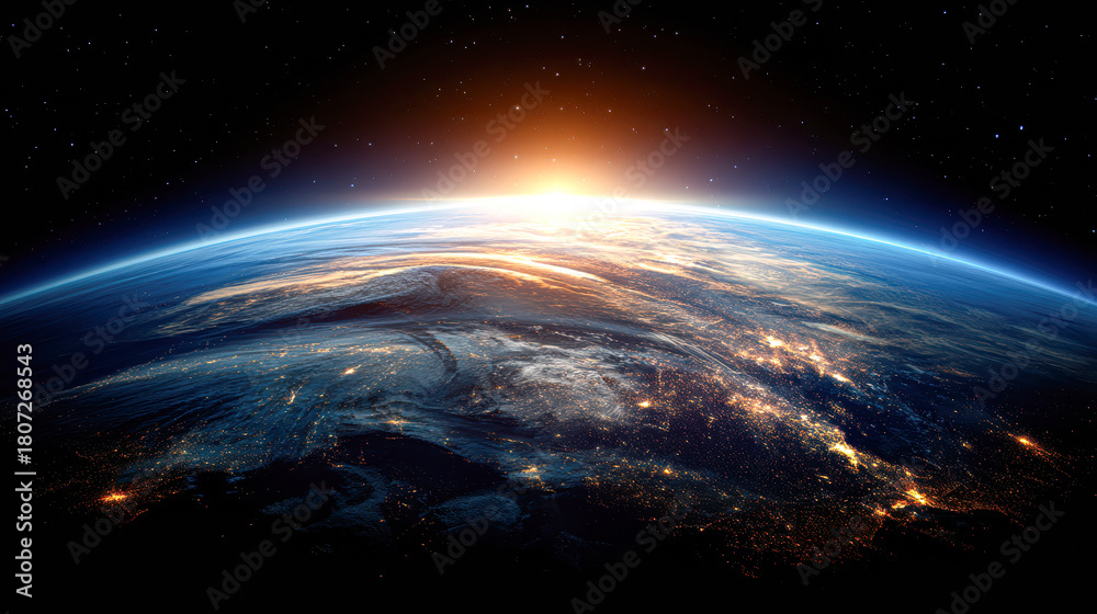 Fototapeta premium A breathtaking view of Earth from space, showcasing the planet's curvature, atmospheric glow, and city lights at night with a sunrise in the background.