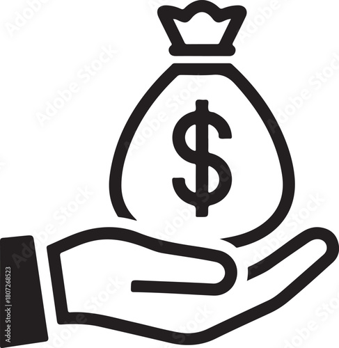 Hand holding money bag with dollar sign icon, symbolizing financial transaction, wealth management, investment, and charitable giving isolated on white background, Vector, illustration