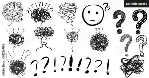 Set of hand-drawn confusion and question mark icons. Doodle scribble, chaos, and mental stress vector illustration.