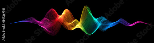 Dynamic rainbow waveform on black background offers stunning visual for audio, music, and creative projects, perfect for modern, vibrant design elements