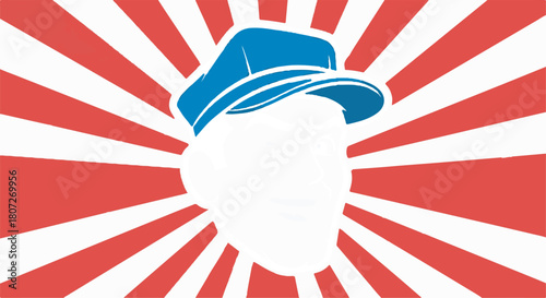 Anonymous profile avatar icon or user symbol wearing a blue cap on a retro red sunburst background