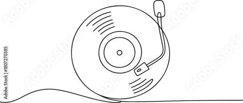 Continuous line drawing of a retro vinyl record with a needle.one line drawing symbolizing classic music and vintage sound. one line Icon drawing with white background