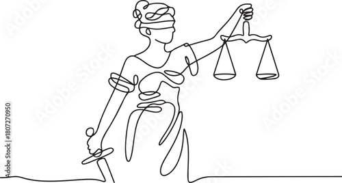 continuous line drawing of blind justice. abstract single line art statue of blind justice. one line Icon drawing with white background