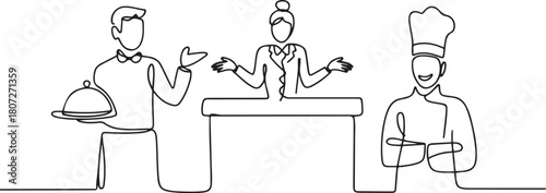 continuous line of hotel waiter. single line drawing of hotel receptionist, hotel chef standing welcoming guests. one line Icon drawing with white background
