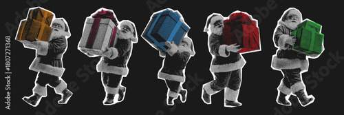 Halftone retro santa carrying oversized festive gifts in bold vintage grunge style for christmas