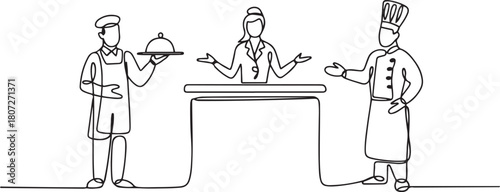 continuous line of hotel waiter. single line drawing of hotel receptionist, hotel chef standing welcoming guests. one line Icon drawing with white background