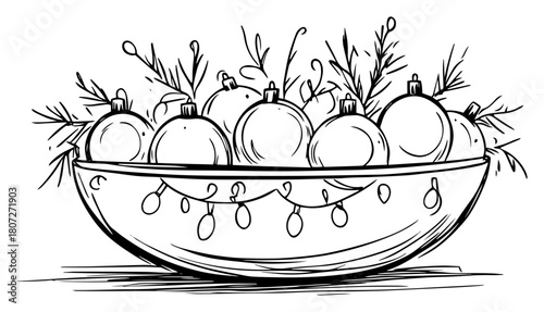 Bowl of Christmas ornaments with glowing string lights – cozy festive home décor line art illustration