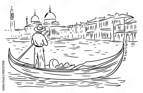 Romantic couple ride in gondola along Venetian waterfront – historic palaces and cathedral backdrop hand‑drawn art
