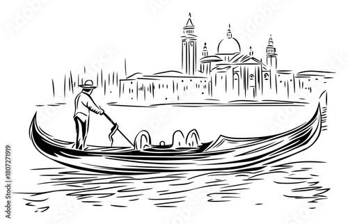 Gondolier rowing traditional Venetian gondola – elegant domed basilica skyline mirrored on Grand Canal line illustration