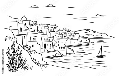 Cliffside Mediterranean village cascading toward sea – stacked white houses and sailing yacht coastal panorama sketch