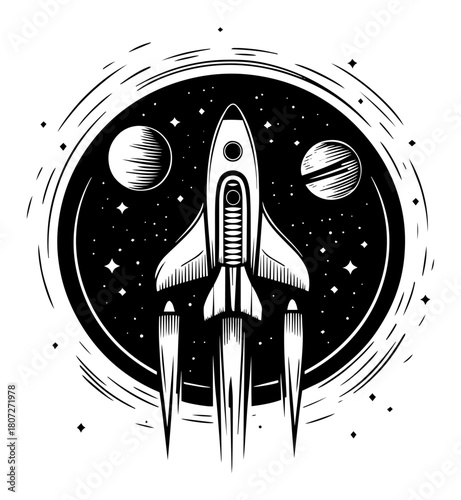 Retro rocket blasting off into outer space – vintage space shuttle with planets and stars graphic emblem illustration