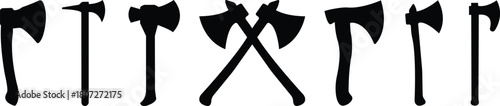 Axe Icon Set, Collection and Group of Battle Axe, Hatchet, and War Tool Symbols, Black Flat Vector Medieval Weapon, Lumberjack Tool, and Combat Armory Design for Graphic Use