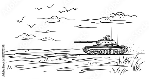 Military tank crossing open field – armored vehicle war machine line art illustration