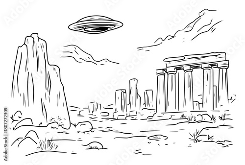 Ancient ruins with hovering UFO – mysterious alien spacecraft above classical temple landscape line art