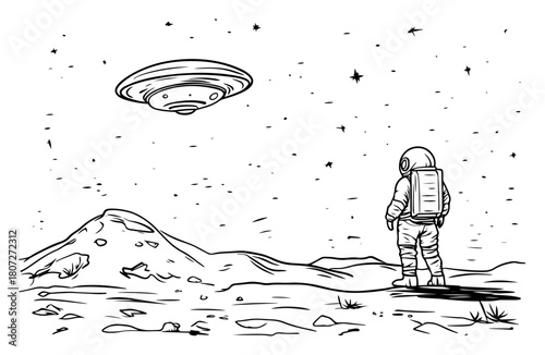 Astronaut observing flying saucer over barren planet – sci‑fi exploration scene minimalist sketch