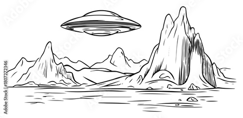 Flying saucer over dramatic rocky valley – extraterrestrial spacecraft hovering above alien mountains line illustration