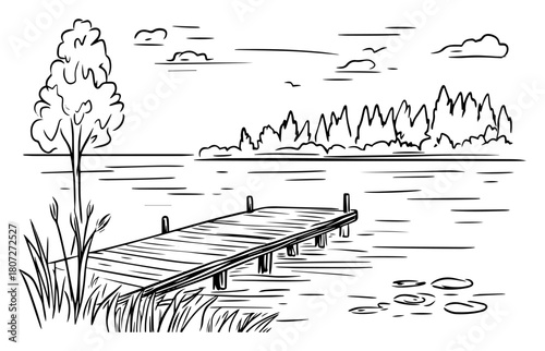 Wooden lake pier extending into calm water – tranquil dock landscape with distant forest line drawing