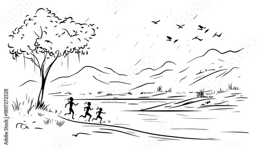 Children running through rainstorm in open countryside – joyful kids playing weather adventure illustration