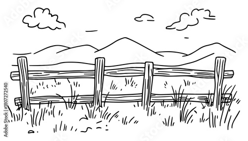 Simple wooden fence stretching across meadow with distant hills – pastoral landscape minimalist illustration
