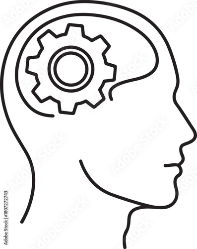 Outline of human head with internal gear, representing thought processes, mental mechanics, intelligence, problem-solving, and innovative thinking. isolated on white background, Vector, illustration