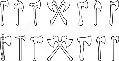 Axe Icon Set, Collection and Group of Battle Axe, Hatchet, and War Tool Symbols, Black Line Vector Medieval Weapon, Lumberjack Tool, and Combat Armory Design for Graphic Use