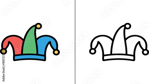 Jester Hat Icon with Color and Outline Variations | Colorful Fool Cap Illustration for Website Graphics, App Design, and Party Invitations