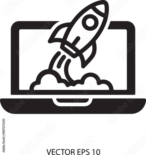 Digital rocket , product launch from laptop screen icon symbolizing startup project success, business growth, innovation, and technological advance isolated on white background, Vector, illustration