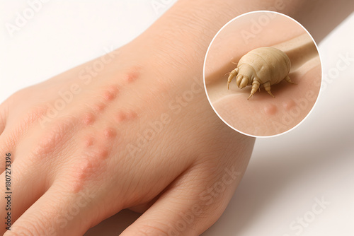 Photorealistic 3D medical illustration of scabies, semi-transparent skin cross-section showing Sarcoptes scabiei mite in superficial epidermis tunnel (stratum corneum)