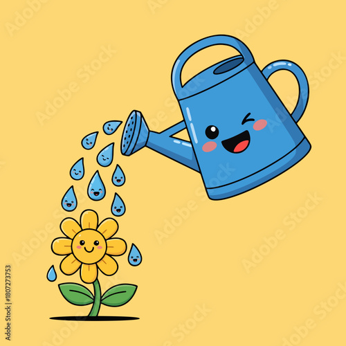 Cute blue watering can watering a yellow flower character