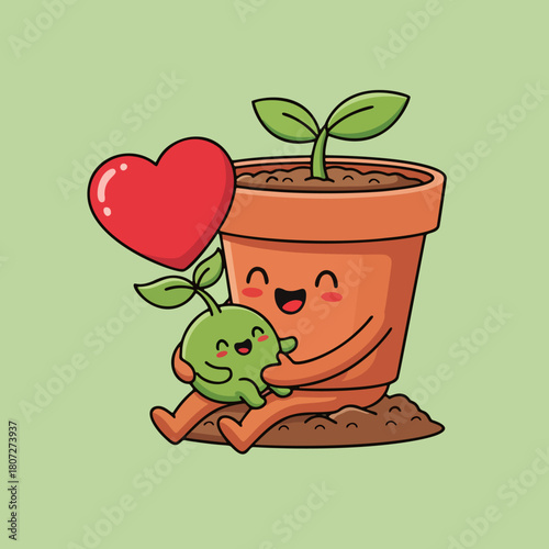Cute flower pot character hugging small sprout