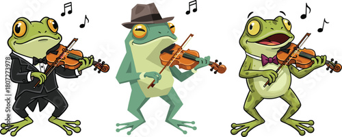 Cartoon frogs playing violins in musical performance, cute amphibian musicians illustration, whimsical frog orchestra artwork, funny animal music scene design