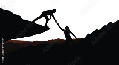 Silhouette of hiker reaching hand to help partner climb up mountain cliff, teamwork and leadership business concept, nature background, vector illustration.
