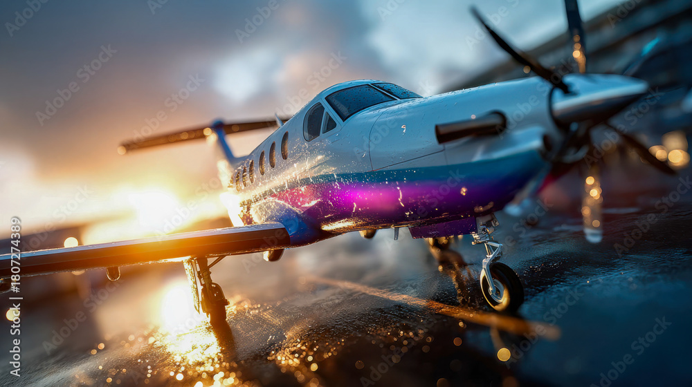 Naklejka premium Passenger airplane taking off on a wet runway glowing with city lights