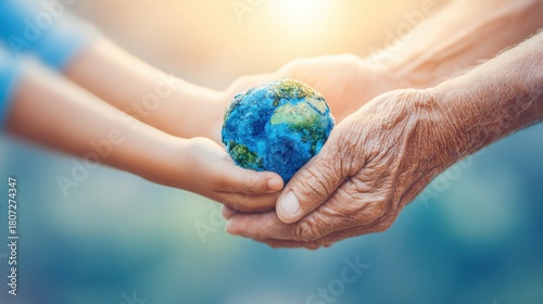 Diverse hands gently hold a small Earth, symbolizing global unity and environmental care.