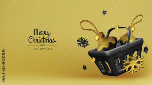 Happy New Year and Merry Christmas. Christmas holiday background with realistic 3d objects, bauble balls, conical metal stars. Levitation falling design composition.