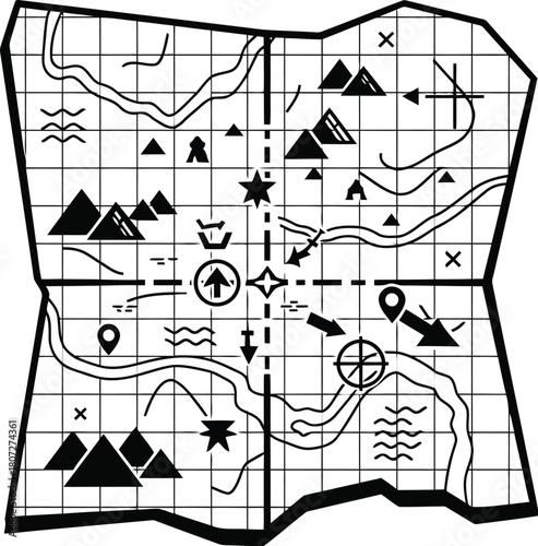 Adventure treasure map icon stylized cartoon adventure quest discovery exploration journey expedition vector
