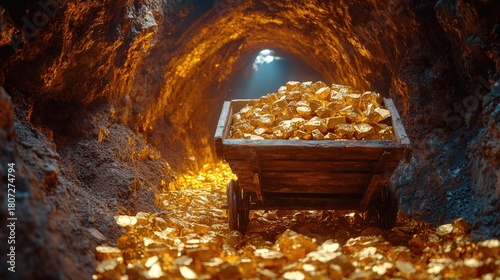 A cart filled with gold nuggets in a dimly lit mine tunnel symbolizes wealth and discovery