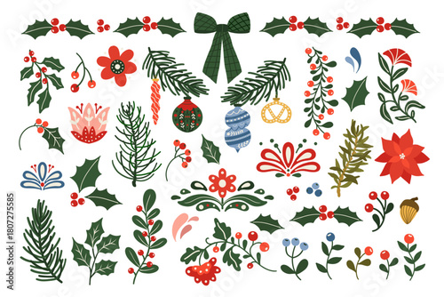 Set of Christmas folk art green floral. Scandinavian nordic winter holiday festive flowers, greenery leaf, twigs, branch. Decorative folklore plants vector illustration