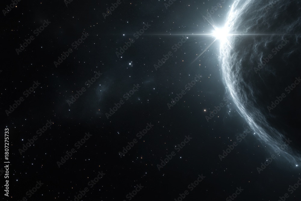Obraz premium Cosmic Majesty: A celestial sphere emits radiant light amidst the vast, inky expanse of the cosmos, illustrating the awe-inspiring beauty and mystery of the universe.