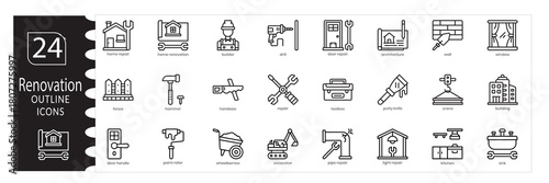 Renovation, Construction and Tools Icon Set, Home Renovation Badges and Icons Collection, Home Improvement Badges Set: Toolbox, Hammer, Drill, Wrench Icons