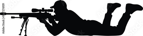 Silhouette of sniper soldier aiming rifle lying prone tactical military operation target focus precision vector