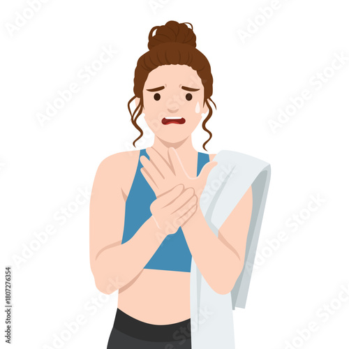 Sporty woman holding her injured wrist with a worried expression after workout. Flat vector illustration isolated on white background