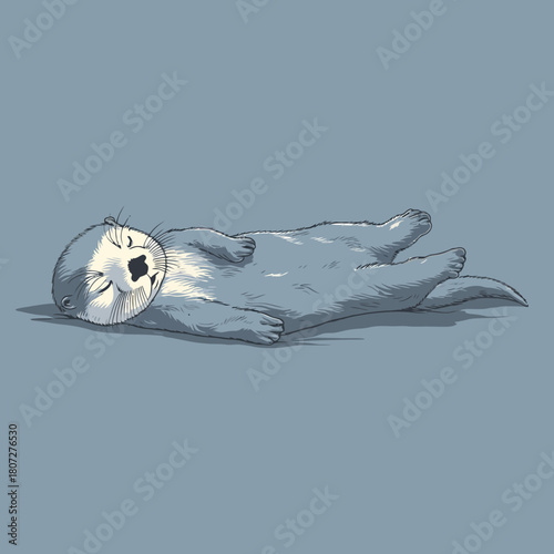 Adorable hand-drawn illustration of a sleeping otter floating on its back, calm and relaxed aquatic mammal artwork on blue background.