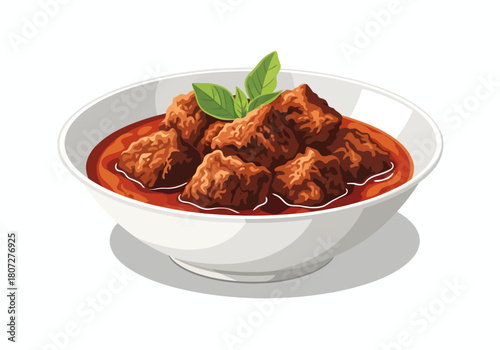An appetizing vector illustration featuring tender cubes of beef stew simmered in a rich, spicy red gravy, served in a clean white bowl and elegantly garnished with fresh green basil leaves