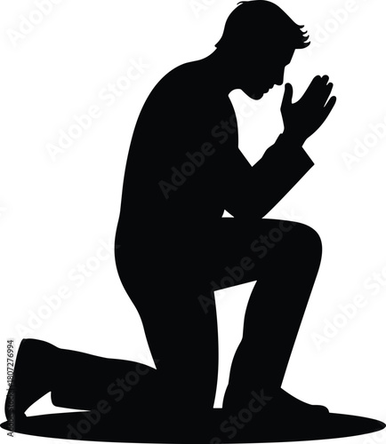 Black silhouette of a man kneeling with hands clasped