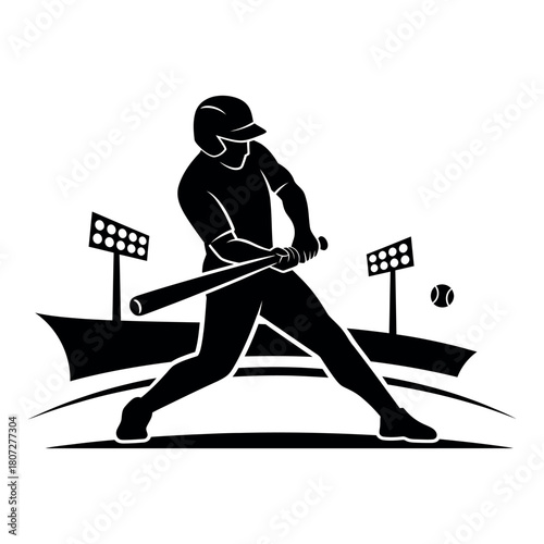 Bold black silhouette illustration of a baseball hitter in wide stance at impact isolated on white background